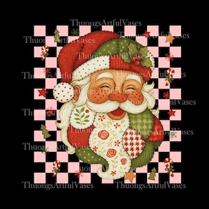 May include: A smiling Santa Claus face with a red and green patchwork hat and beard, set against a black and pink checkered background. The Santa has rosy cheeks and a white beard with floral and houndstooth patterns. Christmas-themed elements like candy canes and stars surround the image.