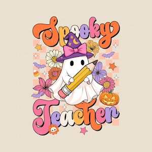 Spooky Teacher Cute Ghost, Floral Halloween Teacher, Cute Ghost Png, Preppy Floral Ghost, Halloween Shirt, Bookish Halloween Teacher
