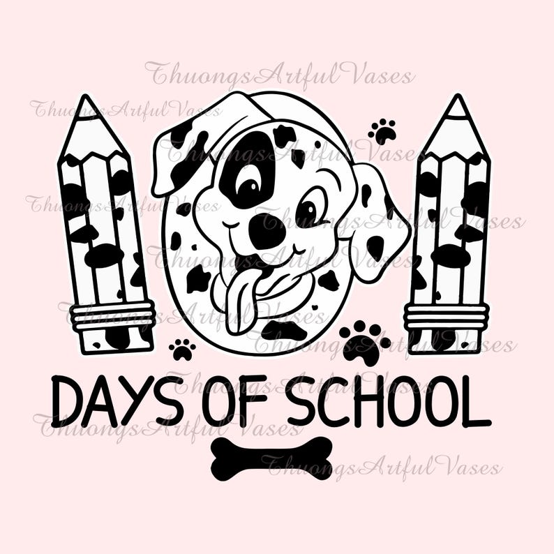May include: Black and white illustration of a Dalmatian puppy with a tongue sticking out. The puppy is surrounded by two pencils and paw prints. The text "100 Days of School" is below the puppy.
