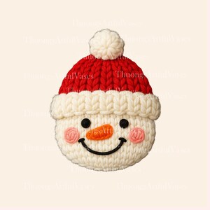 May include: A knitted snowman face with a red Santa hat and a white pom-pom. The snowman has black eyes, a carrot nose, pink cheeks, and a smiling mouth. The item is likely a Christmas ornament or decoration.