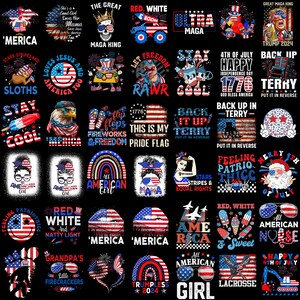 May include: A collection of 40 different designs featuring American flag imagery, patriotic slogans, and holiday themes. The designs include a variety of colors, including red, white, and blue, and feature a variety of graphics, such as stars, stripes, fireworks, and eagles.