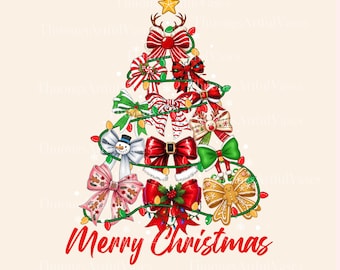 Merry Christmas PNG, Coquette Christmas Tree, Merry & Bright png, Preppy Christmas png, Holly Jolly Png, Trendy Christmas, Digital Download