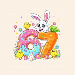 May include: A colorful Easter-themed illustration featuring a white bunny holding a carrot and a donut-shaped number 6. Two yellow chicks, Easter eggs, and flowers surround the numbers. The design has a playful and festive appearance.