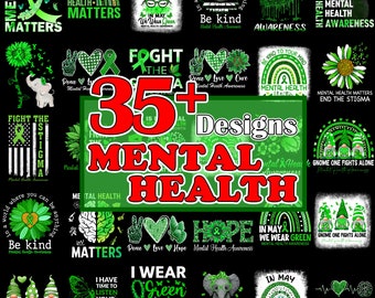 Paquete PNG de concienciación sobre salud mental, más de 35 imágenes PNG sobre salud mental, gnomo de la salud mental, en mayo vestimos de verde, lazo verde, concienciación sobre salud mental
