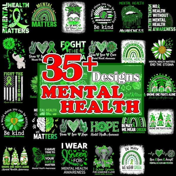 Mental Health Awareness Bundle Png, 35+ Mental Health Png, Mental Health Gnome, In May We Wear Green, Green Ribbon, Mental Health Awareness