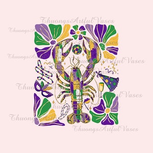 May include: A purple, green, and gold lobster illustration with Mardi Gras themed decorations, including beads, masks, and a party hat. The text "Thuongs Artful Vases" appears multiple times around the image.