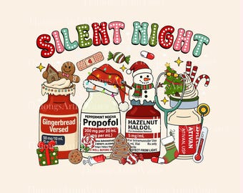 May include: A festive illustration with the words "SILENT NIGHT". The image includes Christmas-themed elements such as gingerbread cookies, a snowman, and a Christmas tree, alongside humorous medicine bottle labels like "Gingerbread Versed" and "Hazelnut Haldol".