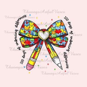 100 Days of School Coquette Pencil Teacher Autism Awareness Png, I Survived 100 Days, Kindergarten Png, Student Teacher Gift, Back to School