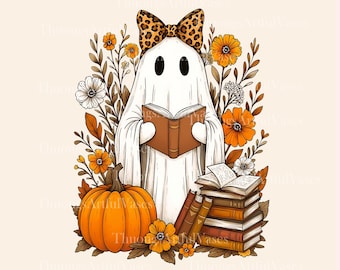 Cute Ghost Reading Book PNG, Coquette Ghost Bow, Halloween Book Lover, Fall Pumpkin Ghost, Spooky Season, Floral Fall png, Digital Download