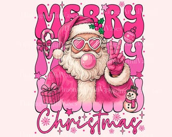 May include: A pink graphic featuring Santa Claus wearing heart-shaped sunglasses and blowing a bubble. The text "MERRY" and "CHRISTMAS" are in pink bubble letters. A candy cane, gift, ornament, and snowman are also included.