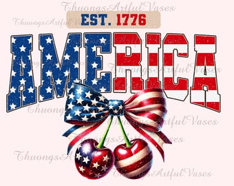 America Cherry Coquette Bow Png, 4th of July Png, Memorial Day PNG, Girly USA Coquette Png, Independence Day, 1776 Png, Land of the Free