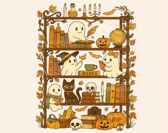 Retro Halloween Bookshelf Png, Boo Ghost Reading Book, Book Lover Shirt, Pumpkin Halloween, Librarian png, Spooky Ghost, Digital Download