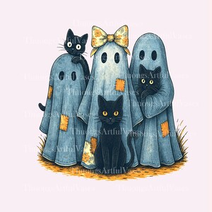 May include: Illustration of three ghosts in blue sheets with orange patches, each with a black cat. The central ghost wears a yellow floral bow. The cats have yellow eyes and are positioned around the ghosts, creating a Halloween theme.