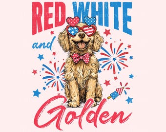 Rosso, Bianco e Oro PNG, Goldendoodle Patriottico PNG, Cane del 4 Luglio PNG, Cane USA PNG, Cane con fiocco a stelle e strisce in sublimazione