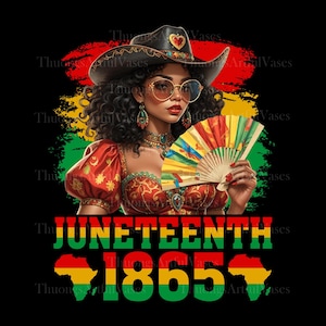 May include: Digital artwork of a woman in a cowboy hat and sunglasses, holding a fan. The image includes the text "Juneteenth 1865" with an African continent outline, set against a black background. The woman is wearing jewelry and a red and orange top.