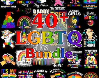 Könnte beinhalten: Eine Sammlung von über 40 LGBTQ+-Designs mit bunten Regenbögen, Einhörnern, Dinosauriern und Slogans wie "Free Mom Hugs" und "It's My Birthday Bitches!"