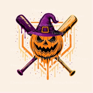 Puede incluir: Gráfico de Halloween con una calabaza tallada con un sombrero de bruja morado, bates de béisbol cruzados y pintura naranja goteando. El diseño está sobre un fondo crema con una forma de base naranja.