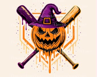 May include: A Halloween-themed graphic featuring a jack-o'-lantern wearing a witch's hat, crossed baseball bats, and dripping orange paint. The design is set against a cream-colored background with an orange baseball home plate shape.