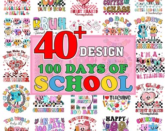 Pacchetto Png di 40+ 100 giorni di scuola, Png dell'insegnante, Png del 100° giorno di scuola, Disegni di sublimazione Png di 100 giorni felici, Png della scuola