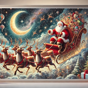 Vintage Santa Sleigh Wall Art Print, Santa Claus Sleigh Reindeer, Christmas Decor, Vintage Santa Claus and Reindeer, Christmas Winter Poster