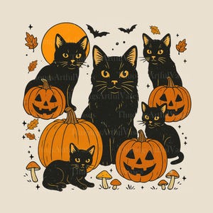 黒猫カボチャPNG、ゴースト猫PNG、レトロハロウィンPNG、ゴシックPNG、黒猫PNG、秋PNG、ハロウィン猫ママシャツ、秋PNG