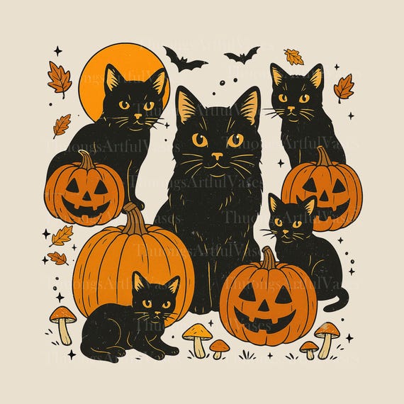 Black Cat Pumpkin Png Svg, Ghots Cat Png, Retro Halloween