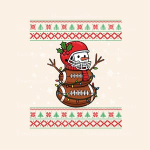 May include: A festive illustration of a snowman made of two footballs, wearing a red helmet and scarf, with twig arms and a carrot nose. The snowman is decorated with Christmas lights and sits against a cream background with a holiday sweater pattern.