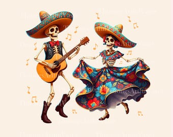 May include: Illustration of two skeleton figures celebrating Dia de los Muertos. One skeleton plays a guitar, wearing a vest and cowboy boots. The other skeleton dances in a colourful floral dress and sombrero. Musical notes float around them.
