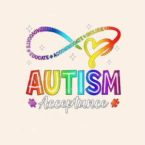 Op de afbeelding: Een kleurrijke afbeelding met het woord "AUTISME" in regenboogkleuren en het woord "Acceptatie" eronder. Een oneindigheidssymbool en een hart in regenboogkleuren zijn ook aanwezig, met de woorden "Educate, Advocate, Accommodate, Include".