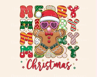 Retro Gingerbread Christmas Blowing Bubble PNG, Merry Christmas, Vintage Christmas, Merry and Bright, Xmas Holiday Shirt, Digital Download