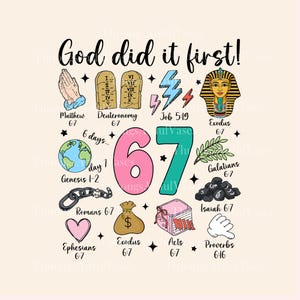 Puede incluir: Diseño gráfico con el texto "¡Dios lo hizo primero!" e ilustraciones de manos rezando, tablas, rayos, un faraón, un globo terráqueo, una cadena, un corazón, una bolsa de dinero, una caja de regalo y una mano. El número "67" es prominente.