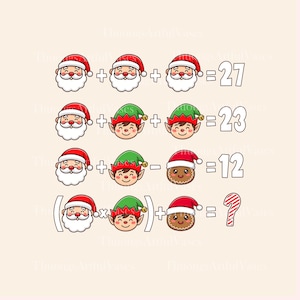 May include: A whimsical Christmas-themed illustration featuring equations with Santa Claus, elves, and gingerbread men. The equations use addition, subtraction, and multiplication, with the answers provided. The final equation's answer is a question mark and a candy cane.