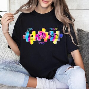 May include: A black t-shirt with a colourful graphic of jigsaw pieces featuring the chemical symbols for gold, titanium, and samarium. The text on the graphic reads "Valuable and Rare", "Incredibly Strong", and "Useful Many Talents".