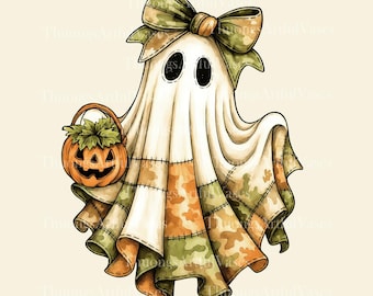 Retro Halloween grönt kamouflagespöke png, trendigt lapptäckespöke png, kamouflage-spöke png, höstpumpa png, läskig säsong png digital fil