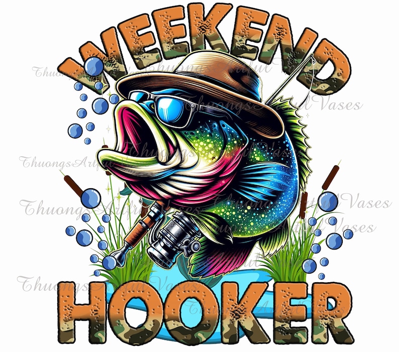 K&ouml;nnte beinhalten: Eine farbenfrohe Illustration eines Barsches mit Sonnenbrille und Hut mit dem Text "Weekend Hooker" in Camouflage-Druck.