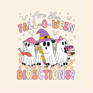 Puede incluir: Un gráfico caprichoso con temática de Halloween con tres personajes fantasmas. Un fantasma lleva un sombrero de bruja y sostiene un lápiz, otro lee un libro y el tercero lleva libros. El texto dice "Are You Fall-O-Ween Directions?" en letras coloridas.