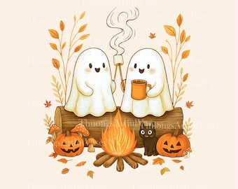 Camping Ghosts Png, Cute Ghost Halloween Png, Ghost Couple, Fall Camping Boo Ghosts Png, Spooky Season Png, Campfire Png, Digital Download