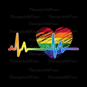 May include: A graphic design featuring a rainbow-colored heart with a heartbeat line running through it. The heart is made up of brushstrokes in various colors, and the heartbeat line is also in rainbow colors. The background is black.