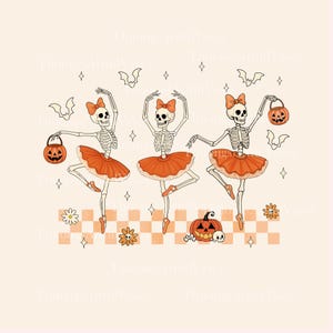 May include: Illustration of three skeleton ballerinas in orange tutus and bows, holding jack-o'-lanterns. Bats, flowers, and diamonds surround the dancers on a cream-colored background. A pumpkin and skull are at the bottom.