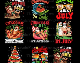 Paquete de 10 imágenes de Navidad en julio (PNG), Navidad divertida (PNG), Navidad en verano, Vibras de verano (PNG), Papá Noel tropical, Vacaciones (PNG)