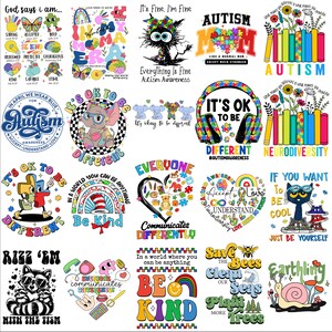 May include: A collection of 12 colorful graphic designs featuring puzzle pieces, animals, and text related to autism awareness. The designs include phrases like "It's OK to be Different", "Everyone Communicates Differently", and "Be Kind".