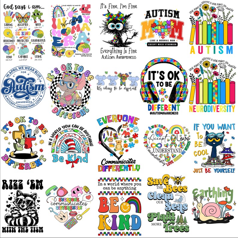 May include: A collection of 12 colorful graphic designs featuring puzzle pieces, animals, and text related to autism awareness. The designs include phrases like "It's OK to be Different", "Everyone Communicates Differently", and "Be Kind".