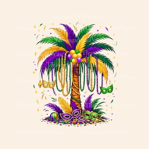 May include: A digital illustration of a palm tree decorated for Mardi Gras. The tree features purple, green, and gold feathers, beads, and masks. Confetti and other decorative elements surround the tree, creating a festive atmosphere.