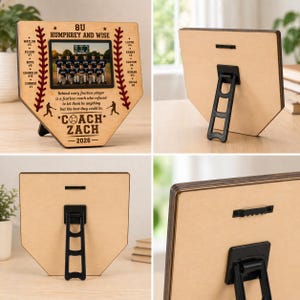 May include: A baseball-shaped wooden plaque with a team photo, player names, and the text "8U HUMPHREY AND WISE." It features a photo of a baseball team, with the coach's name, "COACH ZACH - 2026," and a motivational quote.