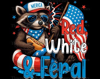 Rot, weiß und wild Png, 4. Juli Png, lustiges lustiges Waschbär-Shirt, wilde USA Png, Kinder Amerika-Shirt Design Png, Unabhängigkeitstag
