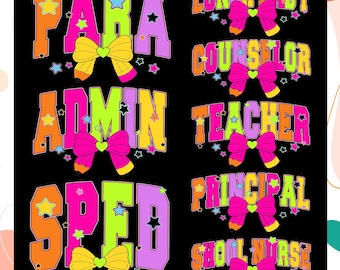 Schoolberoep png-bundel, terug naar school leraar sped para counselor, fel neon girly png, preppy eerste schooldag, felle kleur png