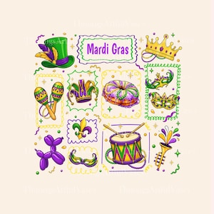 Puede incluir: Ilustración colorida con símbolos de Mardi Gras. Incluye un sombrero de copa verde con plumas, una corona, máscaras, maracas, un gorro de bufón, un pastel de reyes, un tambor, una trompeta, un animal de globo y el texto "Mardi Gras".