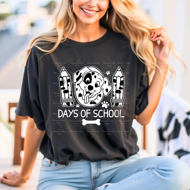 May include: A black t-shirt with a white graphic of a dalmatian dog with the text "101 Days of School" and a bone underneath.