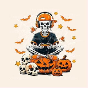 May include: A Halloween illustration depicts a skeleton gaming, wearing headphones and a cap, with pumpkins and skulls. Bats, stars, and spiderwebs surround the skeleton. The image uses orange, black, and white. The overall theme is Halloween and gaming.
