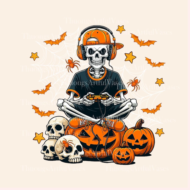 May include: A Halloween illustration depicts a skeleton gaming, wearing headphones and a cap, with pumpkins and skulls. Bats, stars, and spiderwebs surround the skeleton. The image uses orange, black, and white. The overall theme is Halloween and gaming.